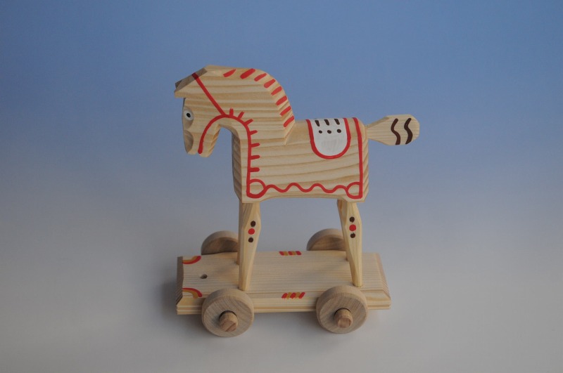 画像1: チェコ　ウッドクラフト　手作り　おもちゃ　馬台車　赤 (1)