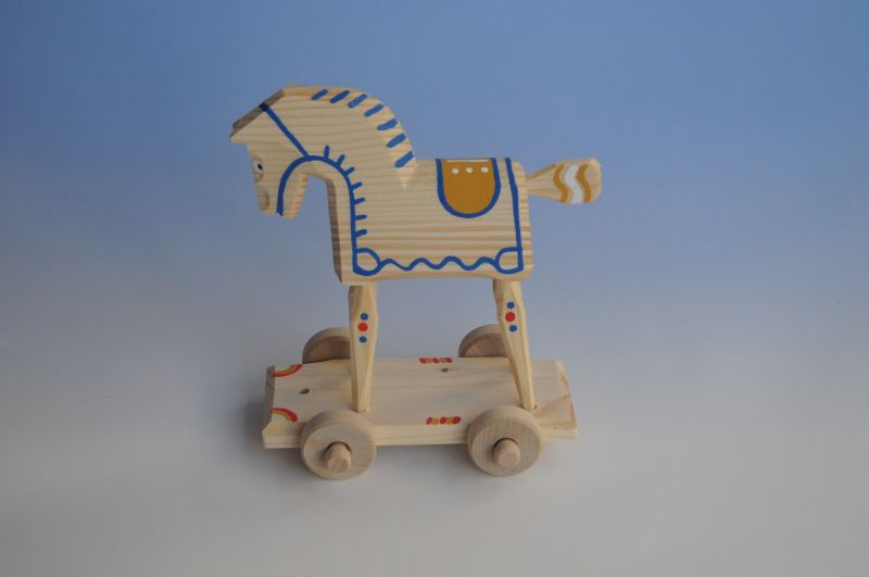 画像1: チェコ　ウッドクラフト　手作り　おもちゃ　馬台車　青 (1)
